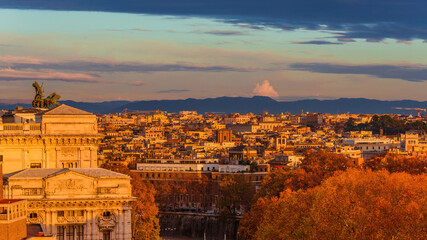 Fototapeta premium Rome historic center skyline at sunset with the Old Palace of Justice and autumn red leaves