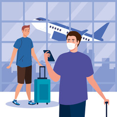 New normal of men with mask smartphone and bags at airport design of covid 19 virus and travel theme Vector illustration