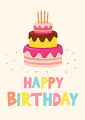 Birthday card with cake. Vector holiday illustration.