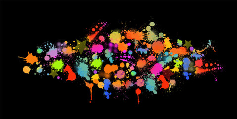 Set Multi-colored spots of paint on a black background. Mixed media. Vector illustration.