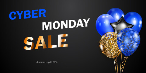 Cyber Monday sale banner with blue, golden and silver balloons on black background. Vector illustration for posters, flyers or cards.