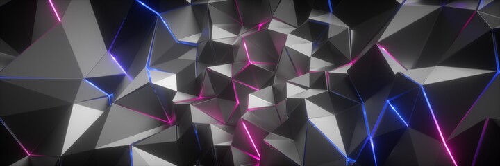 3d render. Horizontal panoramic wallpaper, abstract crystallized background. Futuristic crystal texture, geometric polygonal metallic structure with pink blue neon glow