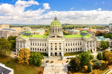 Fototapeta na wymiar Drone view of the Pennsylvania State Capitol, in Harrisburg. The Pennsylvania State Capitol is the seat of government for the U.S. state of Pennsylvania