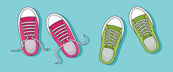 Colorful pair sneakers with shadow on blue background. Top view. Casual youth shoes. Vector illustration
