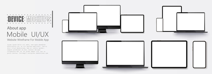 Laptop screen and smartphone. Screen computer monitor. Technology concept. Set of Device Mock up Separate Groups and Layers.  For use in mockups and presentations. Vector illustration