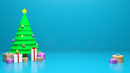 Christmas card with a tree and boxes to complete with your text. Green background.