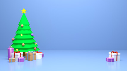 Christmas card with a tree and boxes to complete with your text. Blue background.