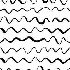 Wavy freehand lines vector seamless pattern. Horizontal brush strokes, stripes and waves. Doodle curl lines. Black paint hand drawn background. Trendy monochrome texture with hand drawn doodle strokes