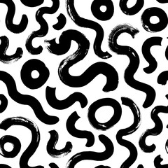 Black paint brush strokes vector seamless pattern. Hand drawn curved and wavy lines with grunge circles. Chaotic ink brush scribbles decorative texture. Messy doodles, bold curvy lines illustration.