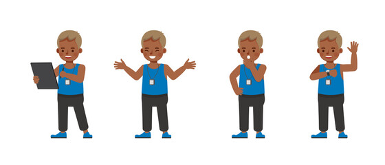 Fitness trainer kid character vector design. Presentation in various action with emotions.