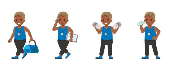 Fitness trainer kid character vector design. Presentation in various action with emotions. no3