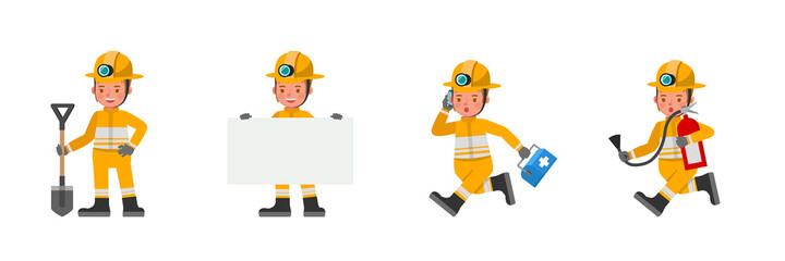 Fototapeta premium Firefighter kid character vector design. Presentation in various action with emotions.