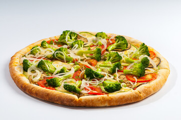 Vegetarian Pizza, with tomato sauce, broccoli, tomatoes, zucchini, eggplant and onion rings