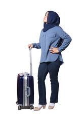 Asian musim woman traveler standing with her suitcase luggage, waiting gesture, full length portrait