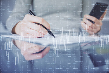 Double exposure of forex chart sketch hologram and woman holding and using a mobile device. Financial market concept.
