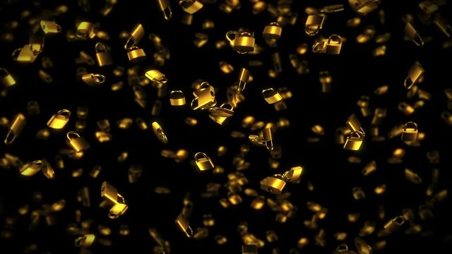 Flying many golden padlocks on black background. Security or secret protection concept. 3D animation of padlocks rotating. Loop animation.