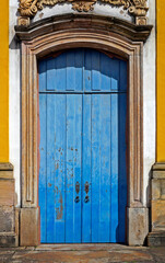 Baroque church door in historical city of Ouro Preto, Brazil 