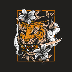 Angry tiger head illustration with katana sword 