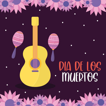 Mexican day of the dead guitar with maracas and flowers vector design