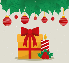 merry christmas gift and candle with spheres hanging vector design