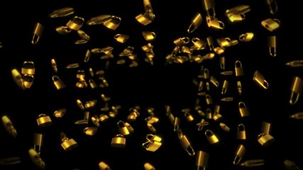 Flying many golden padlocks on black background. Security or secret protection concept. 3D animation of padlocks rotating. Loop animation. - Powered by Adobe