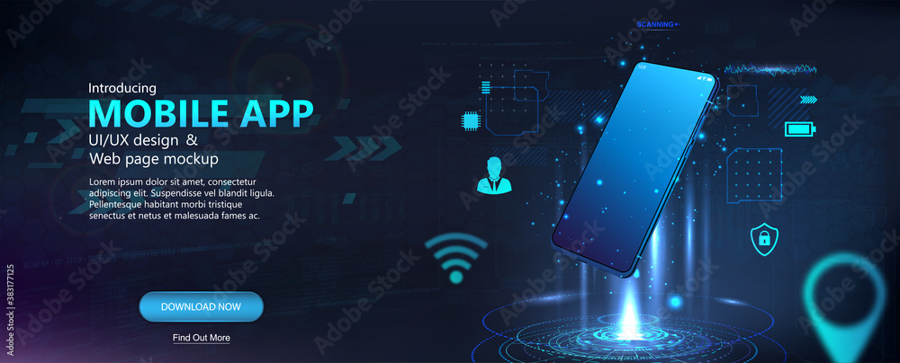 Aufkleber Modern smartphone presentation banner. Futuristic concept. 3D mockup mobile phone with hologram and HUD interface. Smartphone hangs in the air. Realistic phone with blank screen. Template vector phone