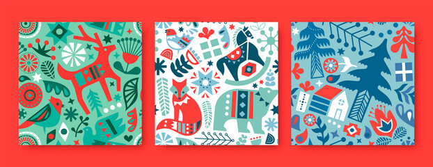 Christmas animal folk icon seamless pattern set