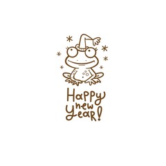 New Year card with  cute cartoon frog in  hat. Funny toad. Joyful animal . Merry Christmas and Happy Holidays. Vector contour image no fill.