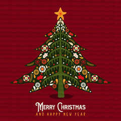 Christmas New Year winter folk art pine tree card