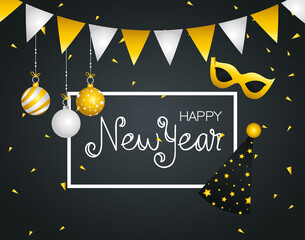 Happy new year hat glasses spheres and banner pennant design, Welcome celebrate and greeting theme Vector illustration