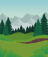 Landscape of pine trees in front of mountains design, nature and outdoor theme Vector illustration