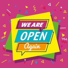 banner, lettering we are open again with decoration vector illustration design