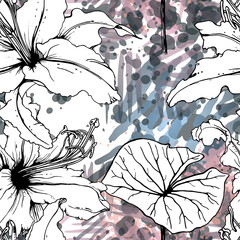 Fototapeta premium Floral Black White Pattern. Modern Watercolor