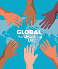 Global handswashing day and hands with world map design, Hygiene wash health and clean theme Vector illustration