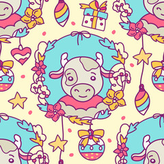 New Year Seamless pattern with the cute silver bull. Printable background or endless decoration for web wallpaper.