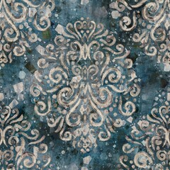 Chic formal grungy damask texture seamless pattern. High quality illustration. Ornate flourish baroque design in a trendy posh exotic style. Grainy fabric texture overlay.