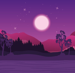 Landscape of trees and pines at night design, nature and outdoor theme Vector illustration