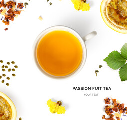 Creative layout made of cup of passion fruit  tea, green tea, fruit and herbal tea on white...