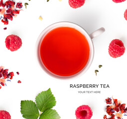 Creative layout made of raspberry tea on the white background. Flat lay. Food concept.