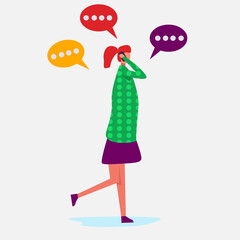 young woman talk on smartphone while walking vector illustration in flat style