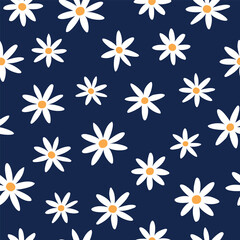 seamless pattern with doodle white daisies on navy blue background, vector illustration
