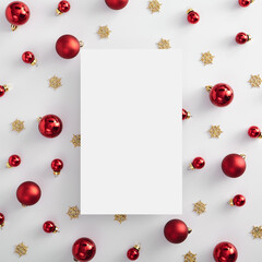 Naklejka na ściany i meble Red christmas ball and gold snowflake with rectangle paper blank