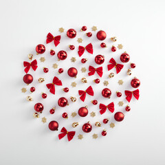 Corcle shape from red christmas ball, bow and gold snowflake
