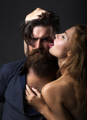Woman licks man. Kissing sexy couple in embrace. Valentines day. Kiss. Womans lips. Valentines day.