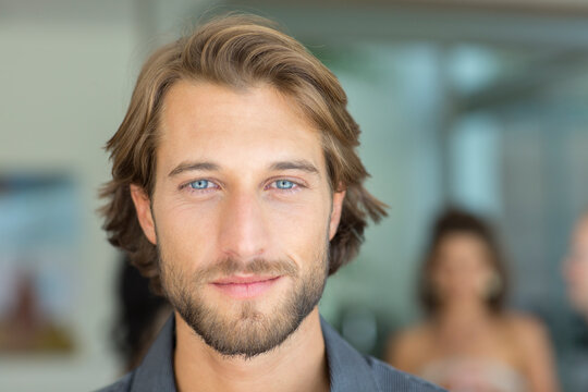 Close up portrait handsome young man with beard
