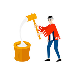 pounding, mochi, rice cake, mortar, mallet, japan, japanese, new year, traditional, food, red, happi, isolated, man, guy, person, white, illustration, smile, cartoon, young, holding, tool, work, boy
