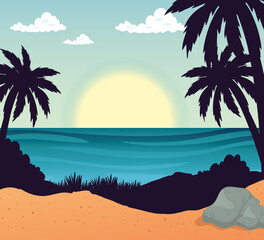 Fototapeta na wymiar Beach with palm trees stones and sea design, Summer vacation tropical relaxation outdoor nature tourism relax lifestyle and paradise theme Vector illustration