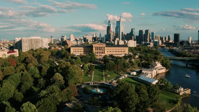 Aerial view of Philadelphia Pennsylvania downtown Art Museum in the foreground