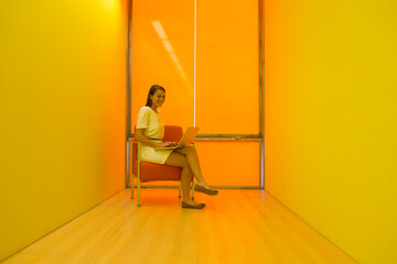 Portrait young businesswoman using laptop in modern yellow office © Martin Barraud/Caia Image