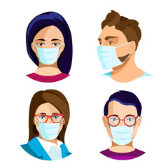 Avatars of Chinese and European people in a medical face mask. Portraits for social media profiles. Concept of coronavirus quarantine.